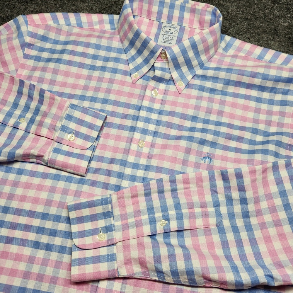 Brooks Brothers Baby Pink Blue Check Button Down Long Sleeve Shirt XL Chest Logo